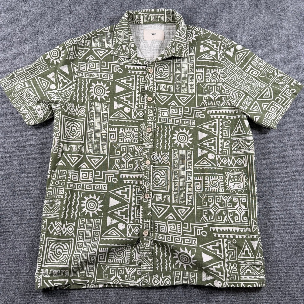 Folk Shirt Mens Medium Green Tribal Aztec Print Short Sleeve Button Up Casual